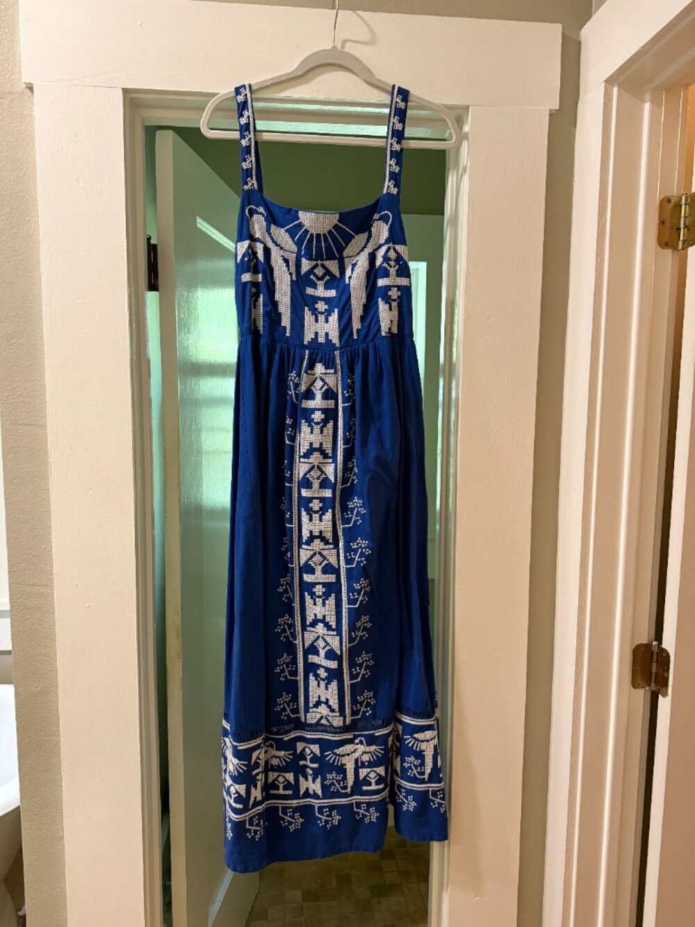 Farm Rio Cobalt Blue Embroidered Maxi Dress Folk Art Motif Sleeveless Tie Back